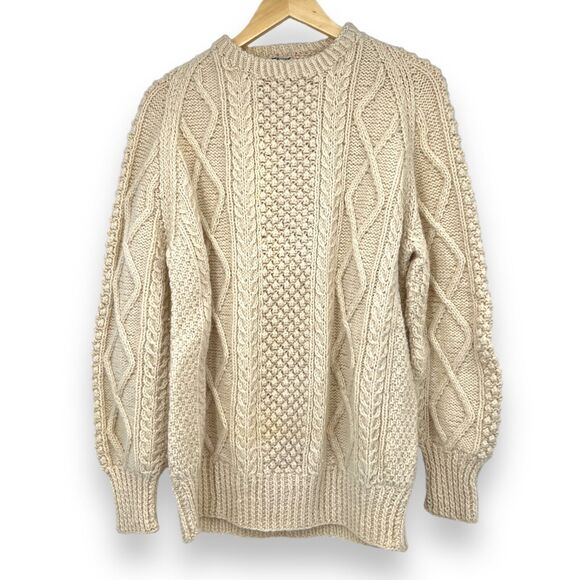 Vintage 5 Lenard Handknit Wool Irish Fisherman Cable Knit Sweater  Large Cream - Picture 1 of 10